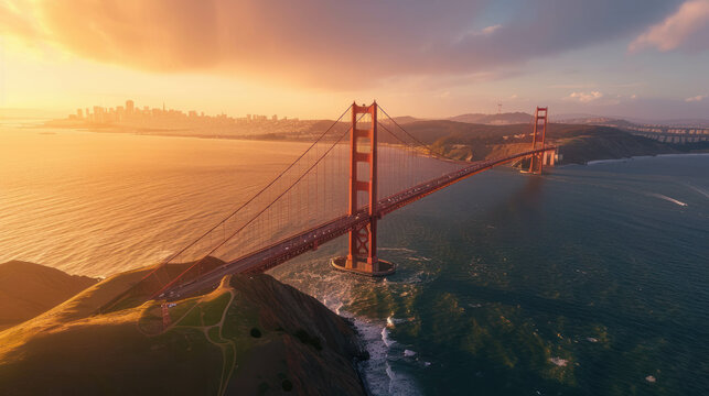 Step into breathtaking aerial view of Golden Gate Bridge, adorned with golden light. AI generative magic unfolds.