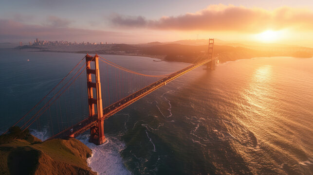 Explore aerial view of Golden Gate Bridge, spanning San Francisco Bay, under golden lighting. AI generative masterpiece.