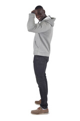 happy man showing her bicep on white background