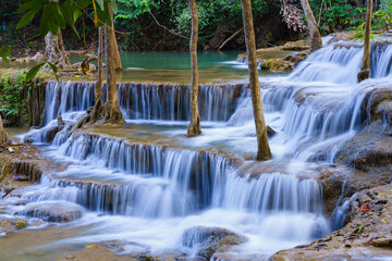 wonder Waterfall in deep rain forest jungle (Huay Mae Kamin Waterfall National Park in Kanchanaburi Province, Thailand) - 786402859