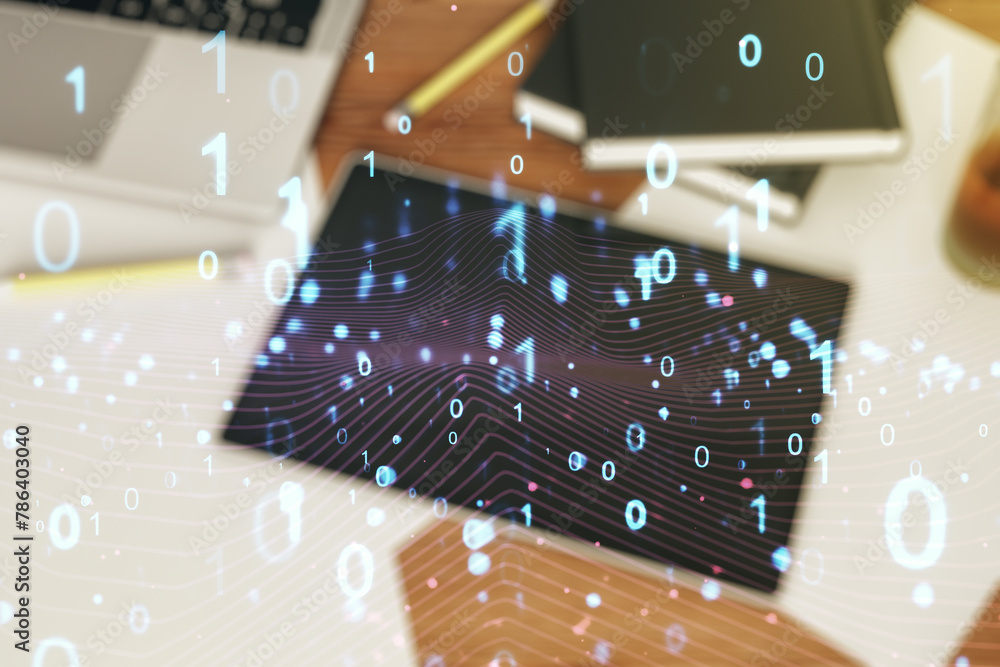 Leinwandbilder creative abstract binary code hologram and modern digital tablet on desktop on background, top view,