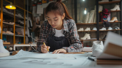Fototapeta na wymiar Closeup of a Korean shoe designer in a studio, young woman sketching stylish footwear designs by prototypes. AI generative creativity at work.