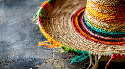 Mexican sombrero hat on grey table closeup. Space for text