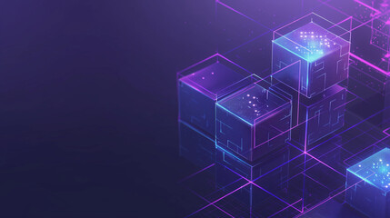 Blue-purple linked blocks contain cryptographic hashes and transaction data. Distributed storage environment future technology background - obrazy, fototapety, plakaty