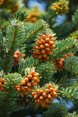 Nordmann Fir - Abies nordmanniana - with orange red staminate cone on branches.