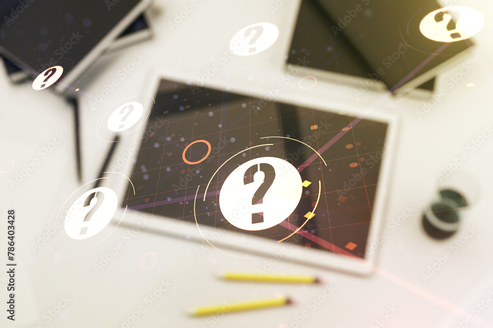 Aufkleber creative abstract question mark sketch and modern digital tablet on background, faq and research con