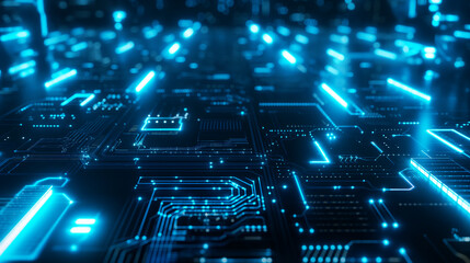 High tech concept visualization: microchip, processor, cpu circuit board, cloud computing data and city. 3d rendering. Futuristic pcb model and background illustration.