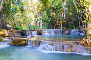 wonder Waterfall in deep rain forest jungle (Huay Mae Kamin Waterfall National Park in Kanchanaburi Province, Thailand) - 786403421