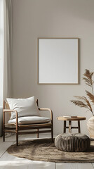 Mockup poster blank frame hanging above a Side Table in aliving room, modern interior minimalist style