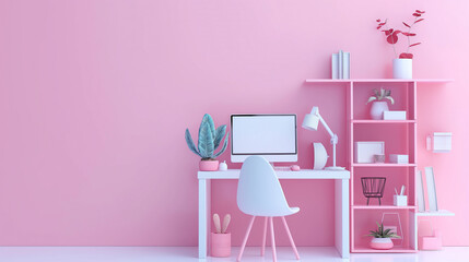 Workplace in the pink room and space to add art. Complete with computer simulation and 3D illustrations