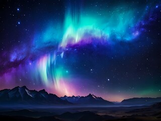 background of neon lights on paper, mountain landscape . Aurora - obrazy, fototapety, plakaty