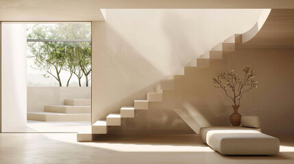 Graceful beige stairs in a minimalist Scandinavian lounge with a panoramic window and serene backdrop.