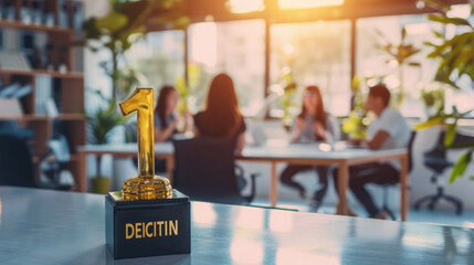 Experience photorealistic golden trophies, number 1, with DECISION, amid a celebratory room filled with businesspeople talking. AI generative scene.