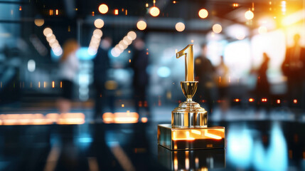 Golden trophies shaped as number 1 with DECISION below, in a celebratory room with businesspeople, photorealistic. AI generative. - obrazy, fototapety, plakaty