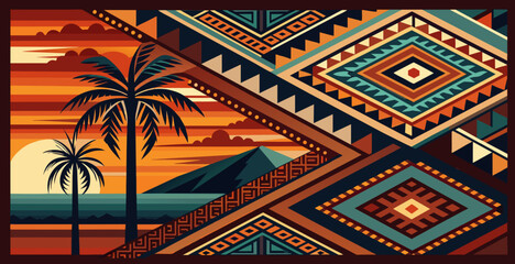 Illustrative depiction of an african landscape at sunset enhanced with tribal pattern motifs