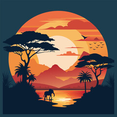 African savannah sunset silhouette with elephants and acacia trees in vibrant colors. Showcasing the serene and beautiful nature of the african wildlife and landscape in this digital art illustration