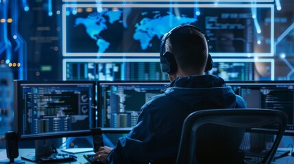 Network Security Analyst Monitoring Cybersecurity Threats at Night