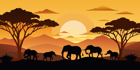 Fototapeta na wymiar Tranquil scene depicting silhouettes of elephants on a savannah against an orange sunset backdrop