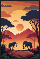 Fototapeta na wymiar Serene illustration of elephants in the african savannah against a sunset backdrop