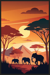 Fototapeta na wymiar Poster with silhouette of elephants in a vibrant african savannah landscape set against an orange sunset sky
