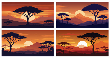 Fototapeta na wymiar Vibrant african savannah sunset silhouette set with acacia trees and tranquil nature landscape in warm orange twilight dusk, perfect for travel and tourism backgrounds
