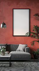 Mockup poster blank frame hanging above a Cabriole Sofa in aliving room, modern interior minimalist style