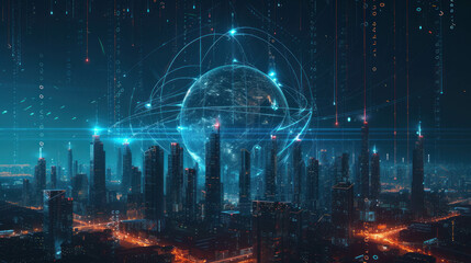 Discover the interconnected nature of Web3 trends in a futuristic cityscape, where NFTs and DApps rise among data streams. A visually striking portrayal, AI generative in essence.