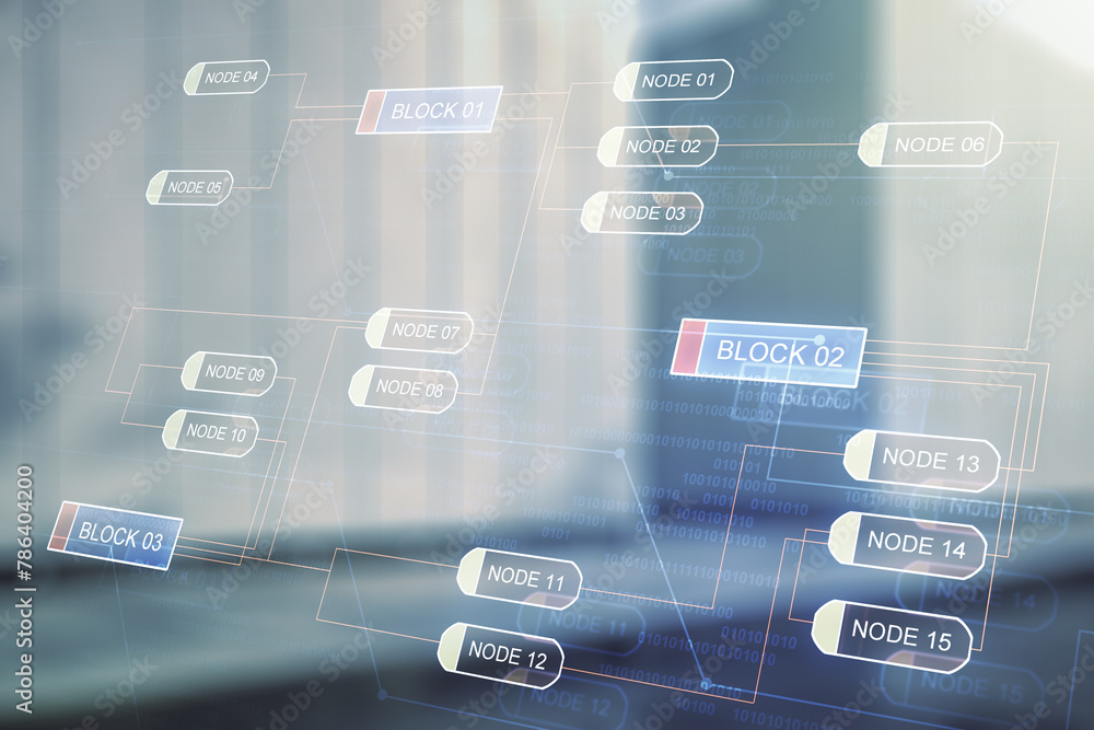 Poster abstract virtual coding illustration on blurry contemporary office building background, software dev