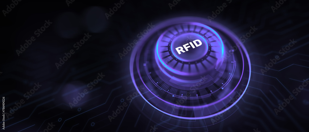 Poster rfid radio frequency identification technology concept. virtual button on screen.