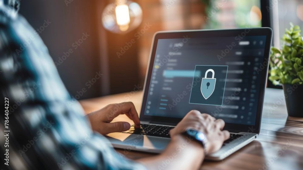 Poster man using laptop with padlock on screen