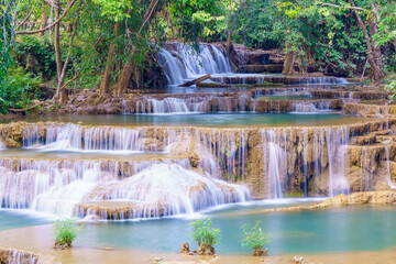wonder Waterfall in deep rain forest jungle (Huay Mae Kamin Waterfall National Park in Kanchanaburi Province, Thailand) - 786404222