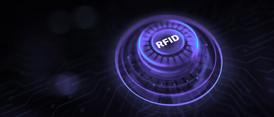 RFID Radio Frequency IDentification technology concept. Virtual button on screen.