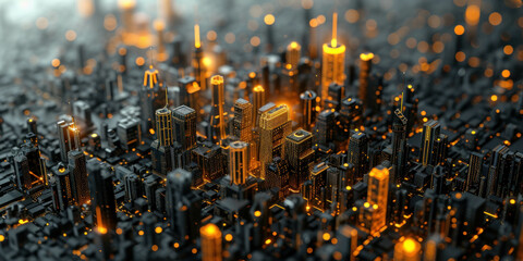 Immerse yourself in the intricate world of city miniatures. Macro photography and AI generative modeling bring electronic chips to life.