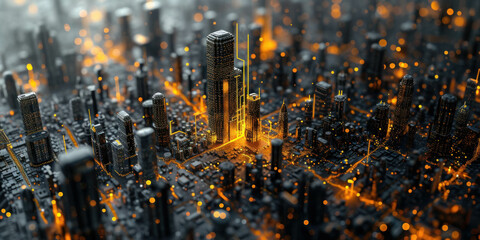 Immerse yourself in the intricate world of city miniatures. Macro photography and AI generative modeling bring electronic chips to life. - obrazy, fototapety, plakaty