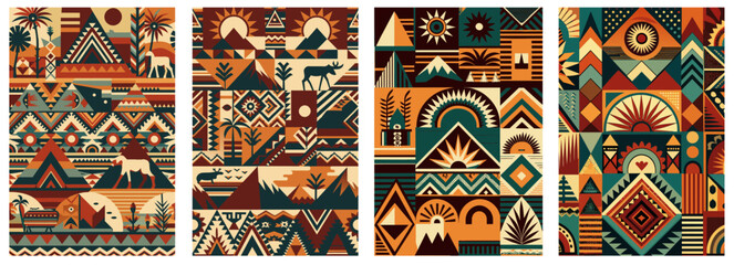 African poster set with geometric traditional pattern. Africa culture ethnic ornament for fabric or textile. Vibrant poster featuring african ethnic patterns and traditional symbols
