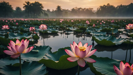 Beautiful pink lotus flower close up in pond at red lotus lake, Udonthani
