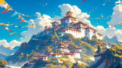 Buddhist temple on the background of the mountains and blue sky - obrazy, fototapety, plakaty