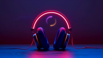 Bright neon color headphones, world music day concept. seamless looping 4k time-lapse video background