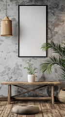 Mockup poster blank frame hanging above a Trestle Table in aliving room, modern interior minimalist style