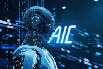 Delve into the realm of transhumanism with the backdrop of the letters "AI," representing the intersection of humanity and artificial intelligence. AI generative.
