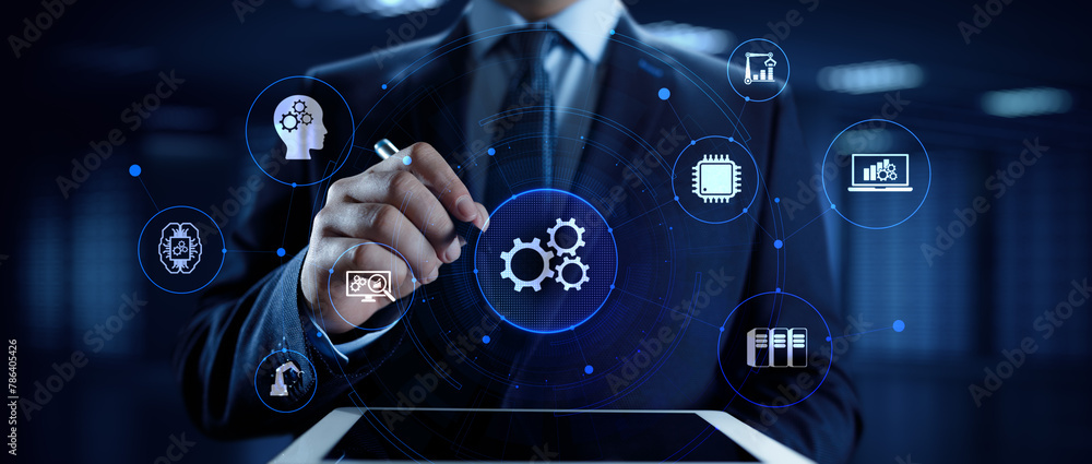 Poster gears icons business process automation innovation technology concept. businessman pressing button o