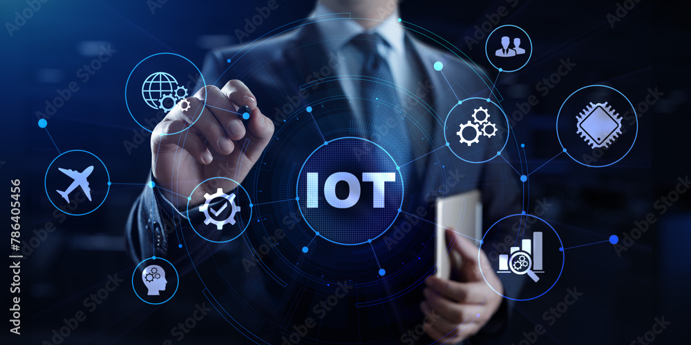 Poster iot internet of things innovation technology concept. businessman pressing button on screen.