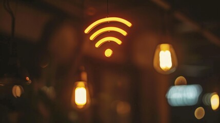 Glowing Wi-Fi Symbol in a Cozy Evening Cafe Setting