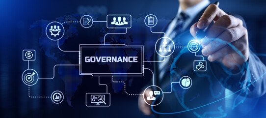 Governance ESG concept. Businessman pressing button on screen.
