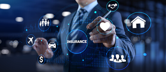 Insurance Insurtech. Businessman pressing button on screen.