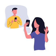 Girl communicates with man using a video call on the phone. Flat illustration