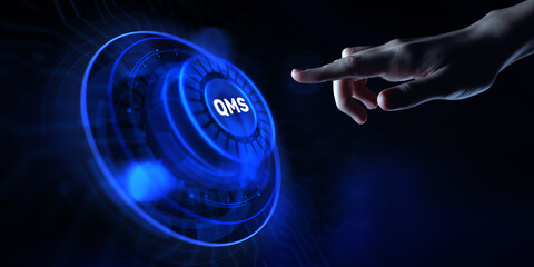 QMS Quality management system. Hands pressing button virtual screen.