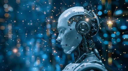 Futuristic Female Robot Head Against a Backlit Tech Background