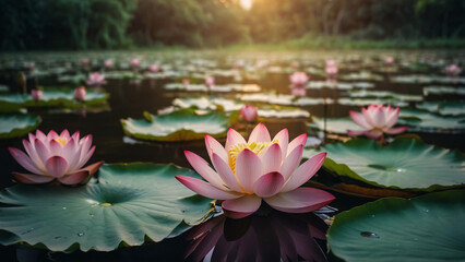 Beautiful pink lotus flower close up in pond at red lotus lake, Udonthani
