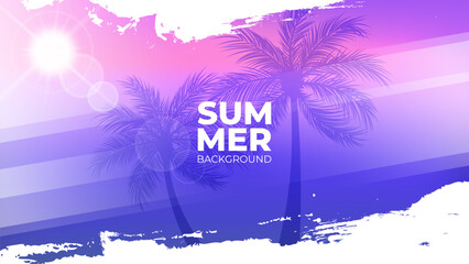 Summertime background with palm trees, summer sun and white brush strokes for creative Summer season graphic design. Vector illustration.